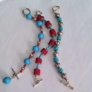 Set Of 3 Red Coral & Turquoise Blue Beaded Bracelets,  Silver, Boho, Western